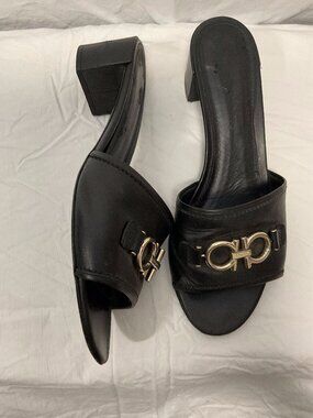 Salvatore Ferragamo Black Gancini Mule Sandals Size 10